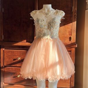 Sleeveless open back party dress; light pink; beadwork; tulle skirt